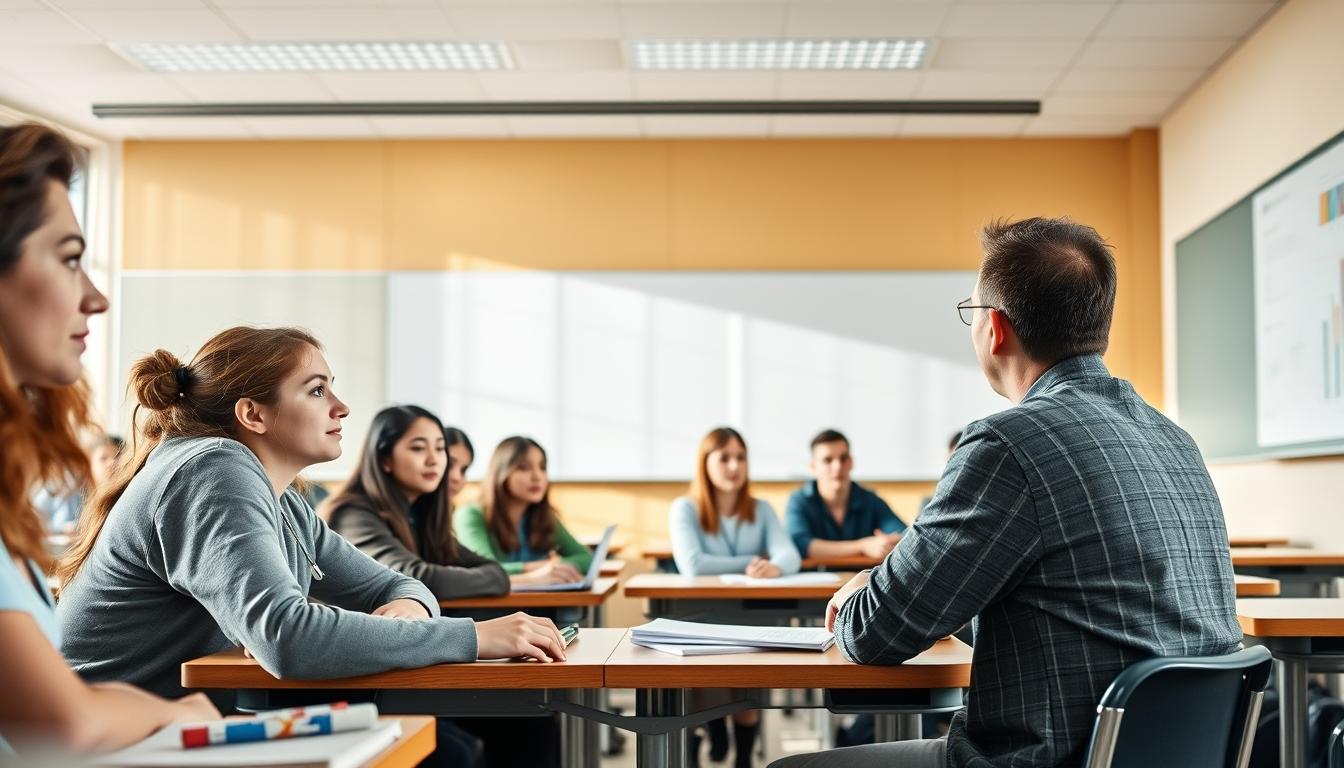 Students studying together in modern classroom